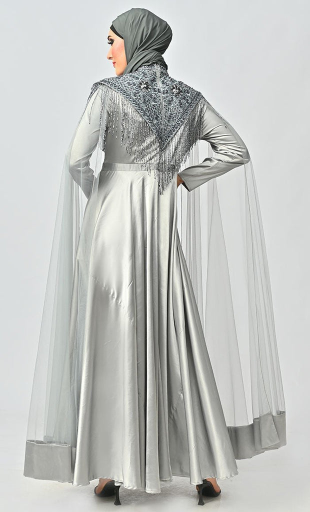 Grey Detailed Hand And Machine Embroidery Abaya With Heavy Tassels - Final Sale - EastEssence.com