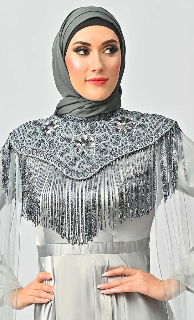 Grey Detailed Hand And Machine Embroidery Abaya With Heavy Tassels - Final Sale - EastEssence.com