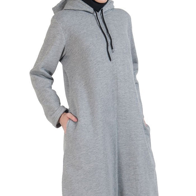Grey Plain Extra Long Hoodie Sweatshirt