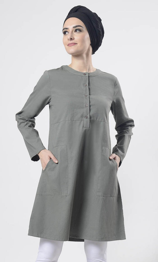 Grey Sober Everydaywear Front Open Button Long Tunic ( Basil Green ) - Final Sale - EastEssence.com