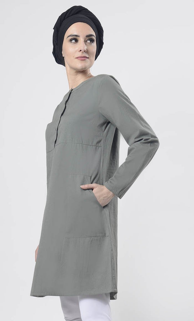 Grey Sober Everydaywear Front Open Button Long Tunic ( Basil Green ) - Final Sale - EastEssence.com