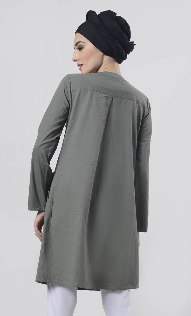 Grey Sober Everydaywear Front Open Button Long Tunic ( Basil Green ) - Final Sale - EastEssence.com