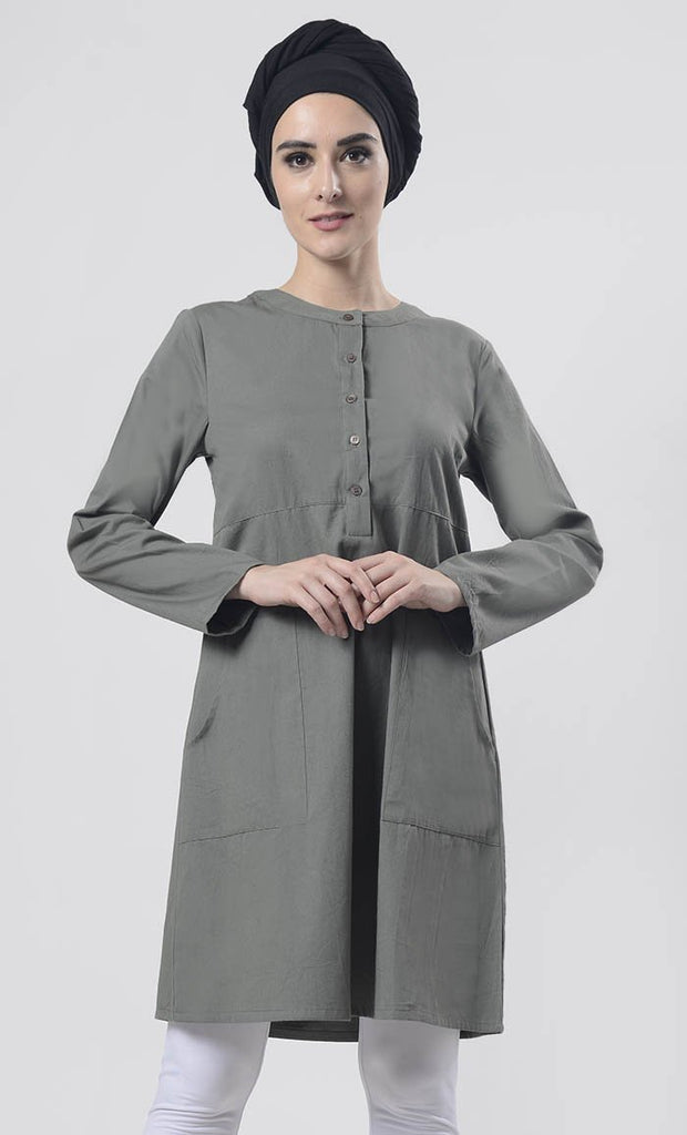 Grey Sober Everydaywear Front Open Button Long Tunic ( Basil Green ) - Final Sale - EastEssence.com