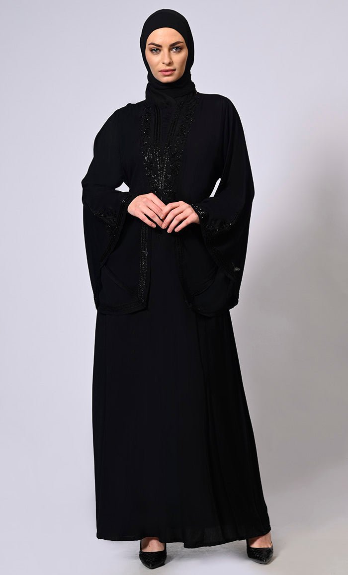 Handcrafted and Machine Embroidered Bell Sleeves Black Abaya - Final Sale - EastEssence.com