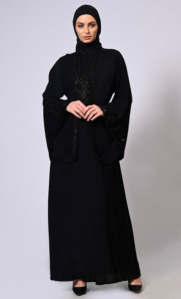 Handcrafted and Machine Embroidered Bell Sleeves Black Abaya - Final Sale - EastEssence.com