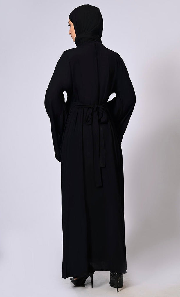 Handcrafted and Machine Embroidered Bell Sleeves Black Abaya - Final Sale - EastEssence.com