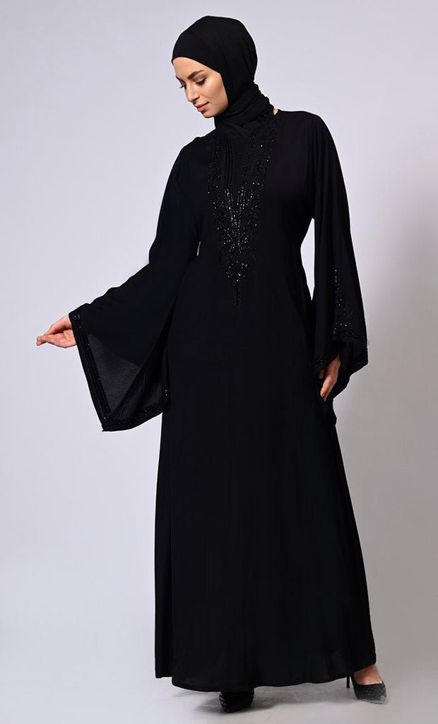 Handcrafted and Machine Embroidered Bell Sleeves Black Abaya - Final Sale - EastEssence.com