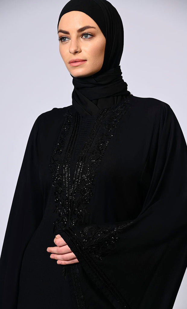 Handcrafted and Machine Embroidered Bell Sleeves Black Abaya - Final Sale - EastEssence.com