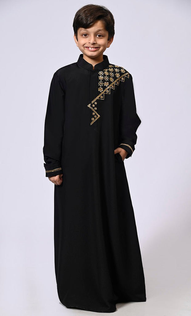 Handcrafted Elegance: Traditional Boy's Black Thobe with Intricate Details - Final Sale - EastEssence.com