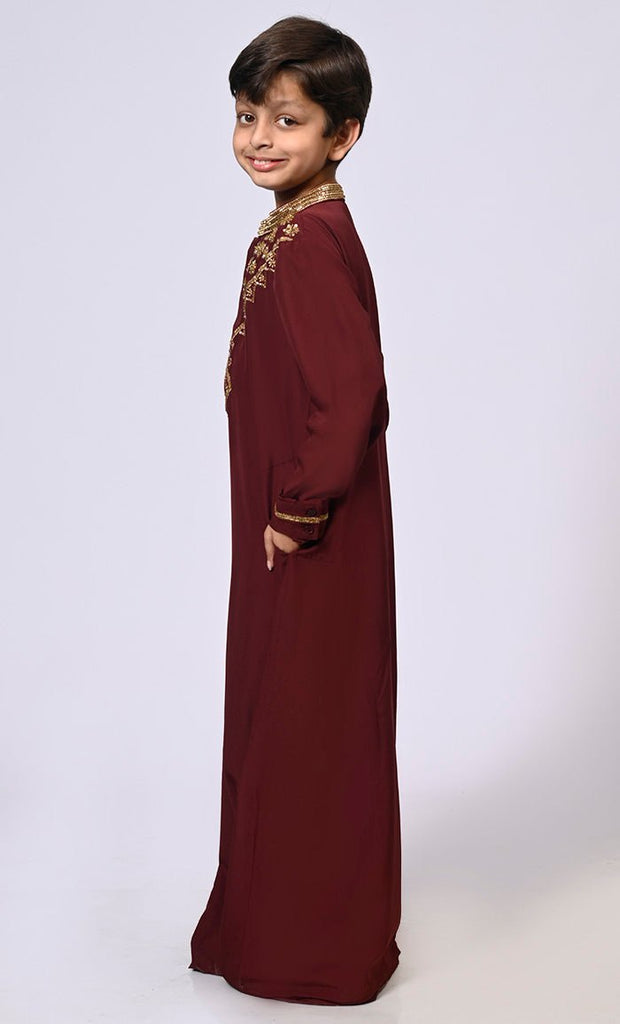 Handcrafted Elegance: Traditional Boy's Maroon Thobe with Intricate Details - Final Sale - EastEssence.com