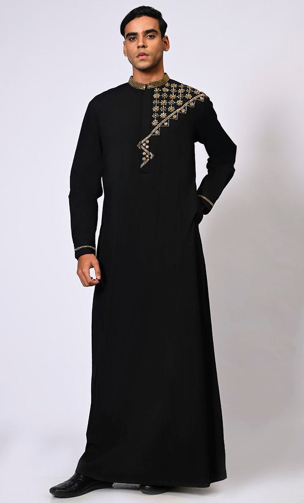 Handcrafted Elegance: Traditional Men's Black Thobe with Intricate Details - Final Sale - EastEssence.com