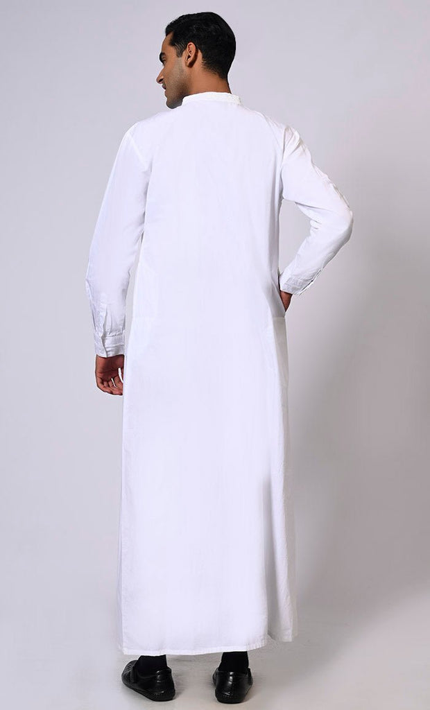 Handcrafted Elegance: Traditional Men's White Thobe with Intricate Details - EastEssence.com