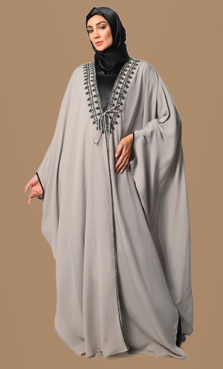Handcrafted Embroidery Grey Kaftan Shrug with Lining - EastEssence.com