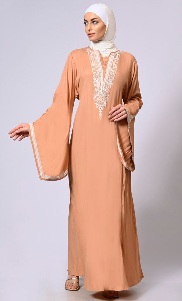 Handcrafted & Machine Embroidered Bell Sleeves Abaya - Final Sale - EastEssence.com