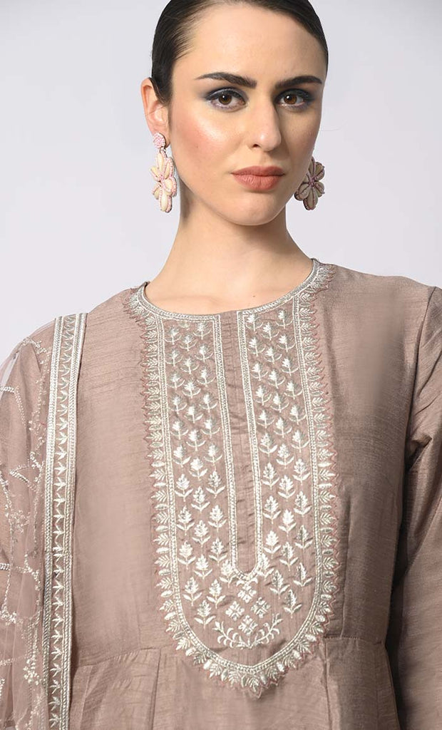 Imperial Intricacy: Exquisite Dusty Rose 2 - Piece Heavy Zari Work Anarkali and Dupatta Ensemble - EastEssence.com