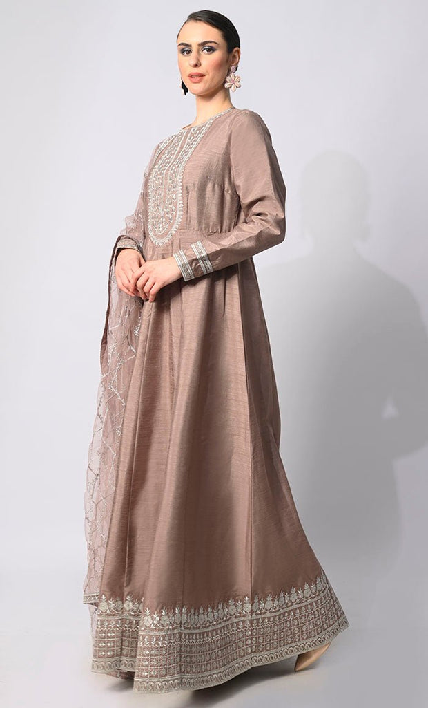 Imperial Intricacy: Exquisite Dusty Rose 2 - Piece Heavy Zari Work Anarkali and Dupatta Ensemble - EastEssence.com