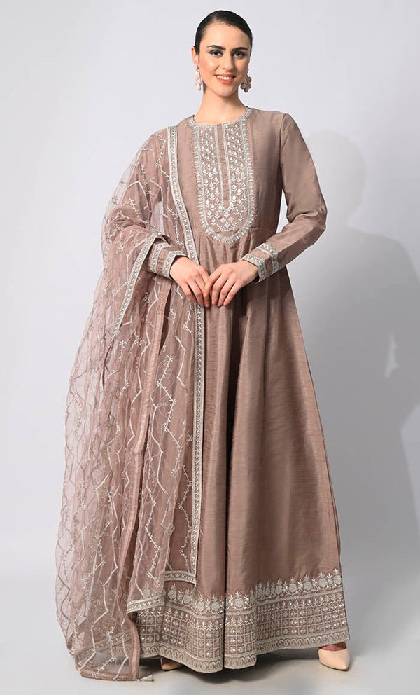 Imperial Intricacy: Exquisite Dusty Rose 2 - Piece Heavy Zari Work Anarkali and Dupatta Ensemble - EastEssence.com