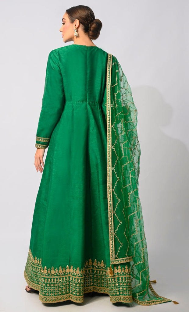 Imperial Intricacy: Exquisite Grass Green 2 - Piece Heavy Zari Work Anarkali and Dupatta Ensemble - EastEssence.com