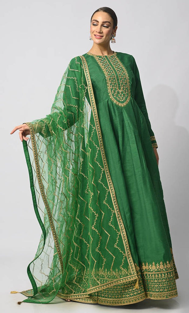 Imperial Intricacy: Exquisite Grass Green 2 - Piece Heavy Zari Work Anarkali and Dupatta Ensemble - EastEssence.com