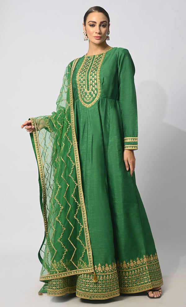 Imperial Intricacy: Exquisite Grass Green 2 - Piece Heavy Zari Work Anarkali and Dupatta Ensemble - EastEssence.com