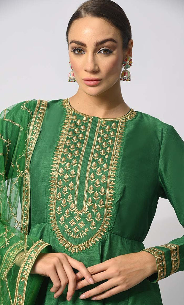 Imperial Intricacy: Exquisite Grass Green 2 - Piece Heavy Zari Work Anarkali and Dupatta Ensemble - EastEssence.com