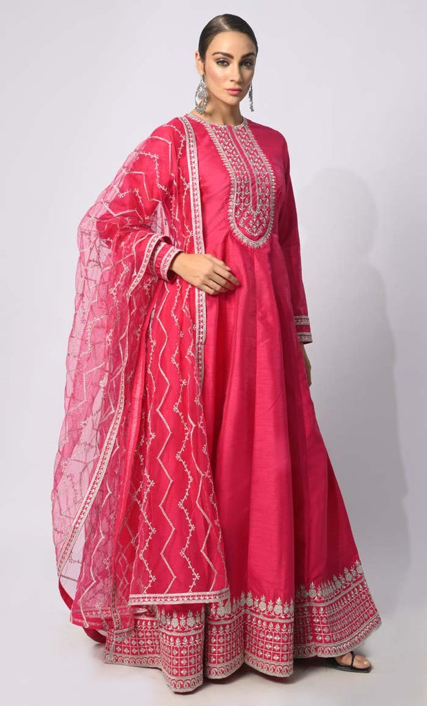 Imperial Intricacy: Exquisite Magenta Pink 2 - Piece Heavy Zari Work Anarkali and Dupatta Ensemble - EastEssence.com