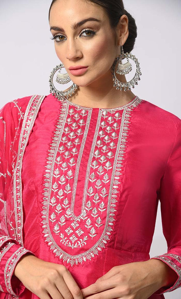 Imperial Intricacy: Exquisite Magenta Pink 2 - Piece Heavy Zari Work Anarkali and Dupatta Ensemble - EastEssence.com