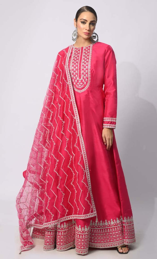 Imperial Intricacy: Exquisite Magenta Pink 2 - Piece Heavy Zari Work Anarkali and Dupatta Ensemble - EastEssence.com