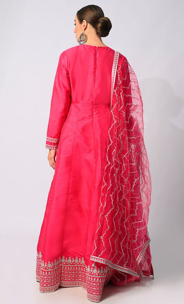 Imperial Intricacy: Exquisite Magenta Pink 2 - Piece Heavy Zari Work Anarkali and Dupatta Ensemble - EastEssence.com