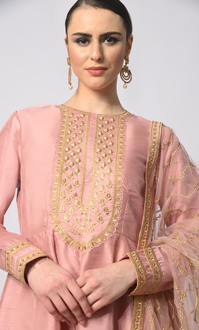 Imperial Intricacy: Exquisite Salmon Pink 2 - Piece Heavy Zari Work Anarkali and Dupatta Ensemble - EastEssence.com