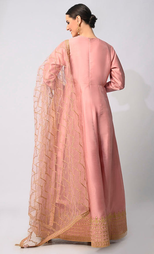 Imperial Intricacy: Exquisite Salmon Pink 2 - Piece Heavy Zari Work Anarkali and Dupatta Ensemble - EastEssence.com