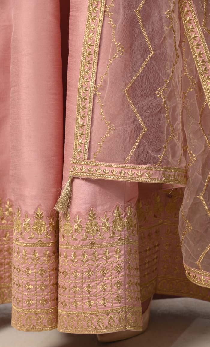 Imperial Intricacy: Exquisite Salmon Pink 2 - Piece Heavy Zari Work Anarkali and Dupatta Ensemble - EastEssence.com