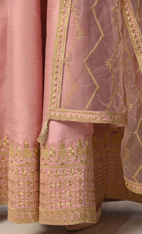 Imperial Intricacy: Exquisite Salmon Pink 2 - Piece Heavy Zari Work Anarkali and Dupatta Ensemble - EastEssence.com