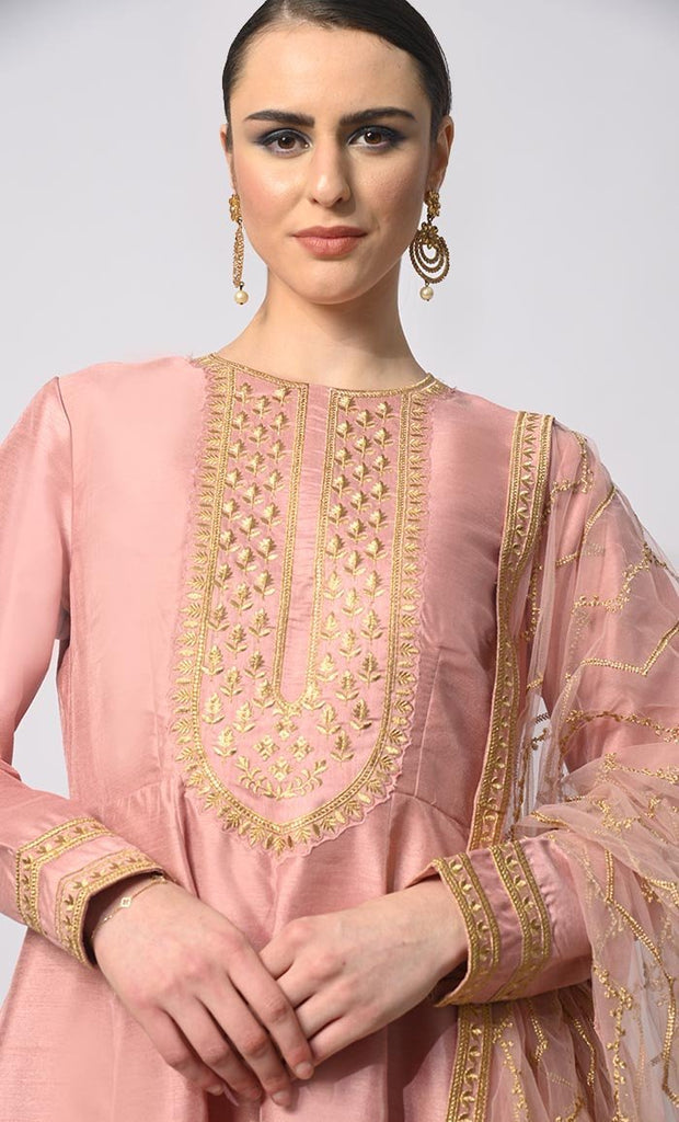 Imperial Intricacy: Exquisite Salmon Pink 2 - Piece Heavy Zari Work Anarkali and Dupatta Ensemble - Final Sale - EastEssence.com