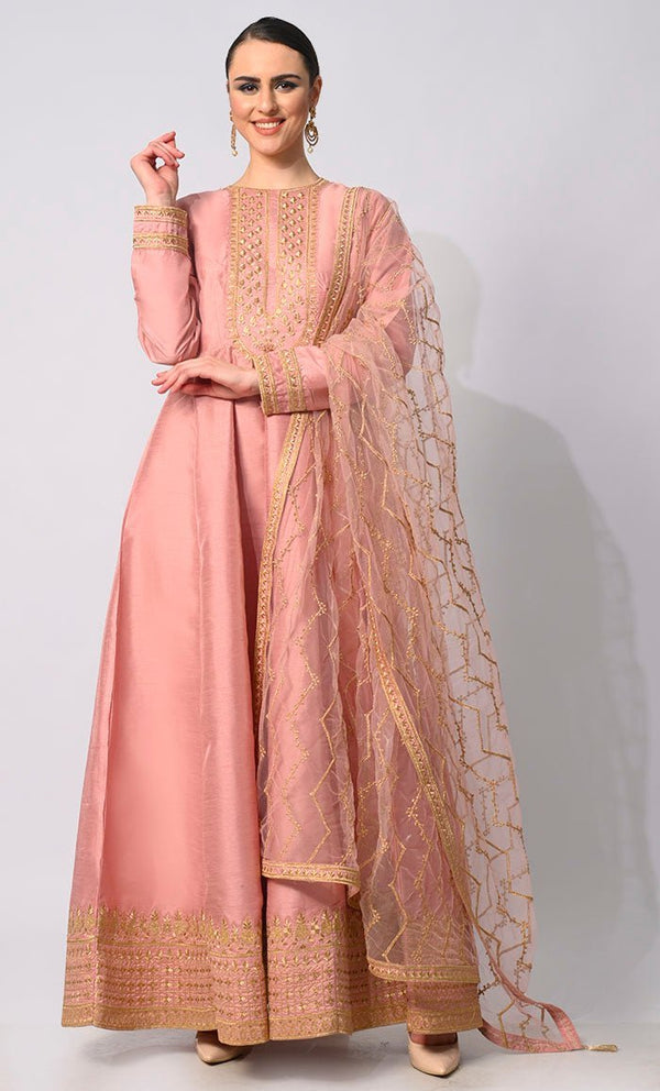 Imperial Intricacy: Exquisite Salmon Pink 2 - Piece Heavy Zari Work Anarkali and Dupatta Ensemble - Final Sale - EastEssence.com