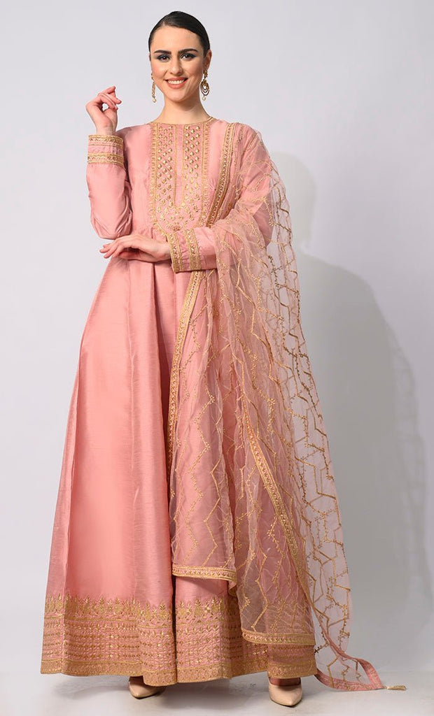 Imperial Intricacy: Exquisite Salmon Pink 2 - Piece Heavy Zari Work Anarkali and Dupatta Ensemble - Final Sale - EastEssence.com