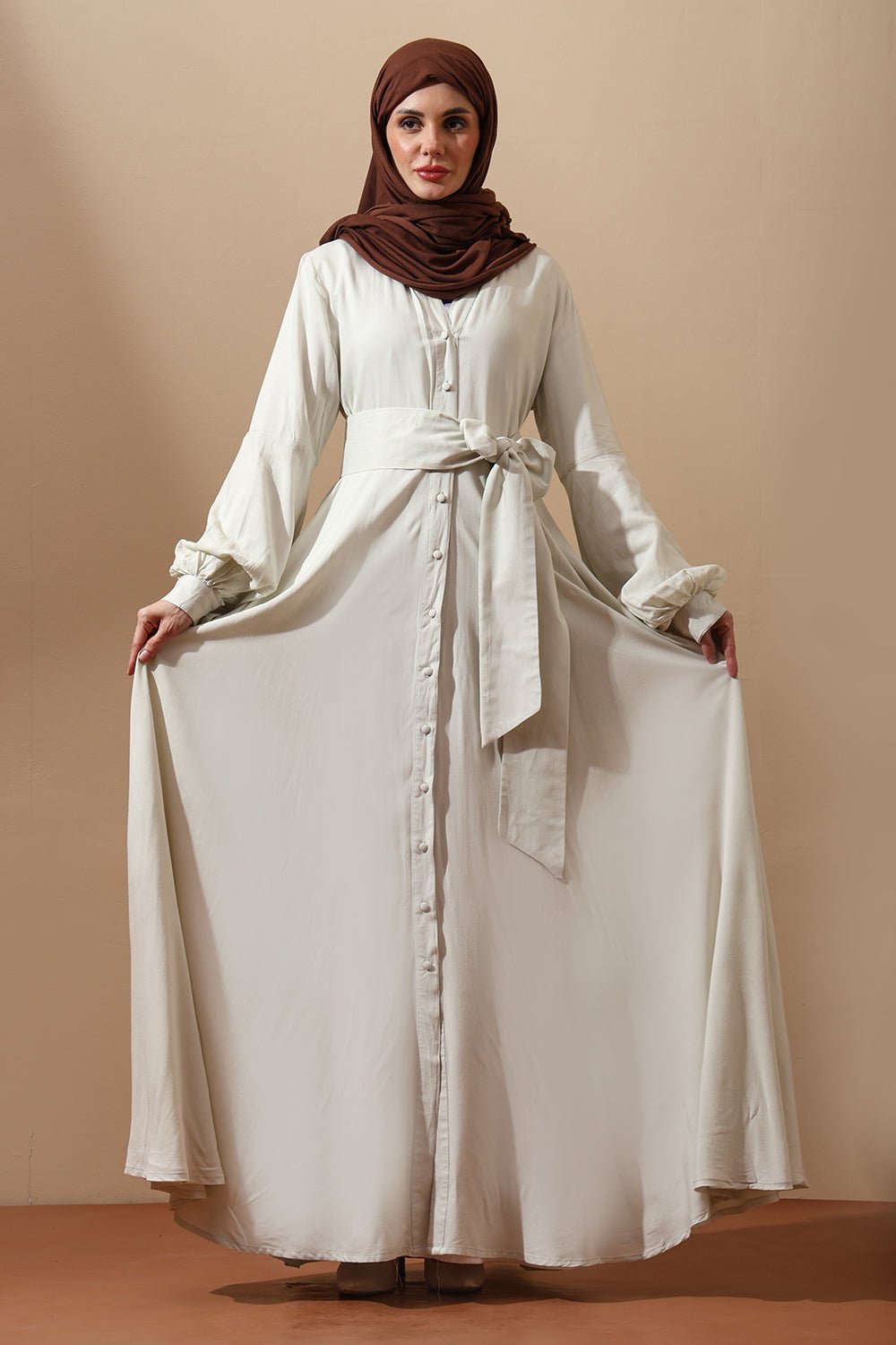 Ivory Grace Belted Abaya – Flowing Minimal Elegance - EastEssence.com