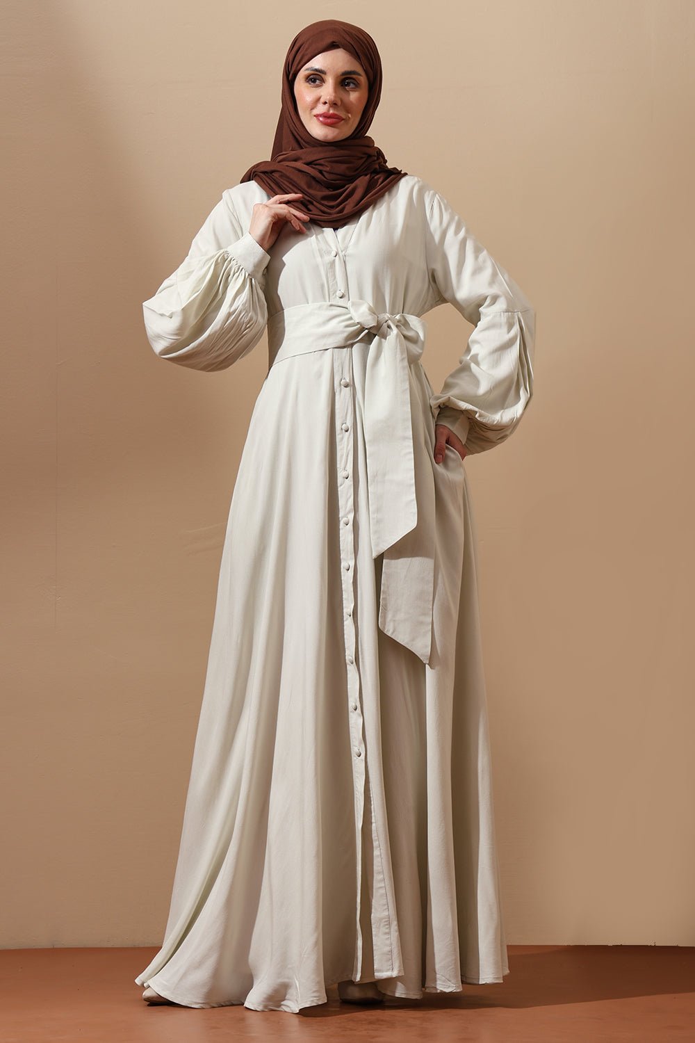 Ivory Grace Belted Abaya – Flowing Minimal Elegance - EastEssence.com