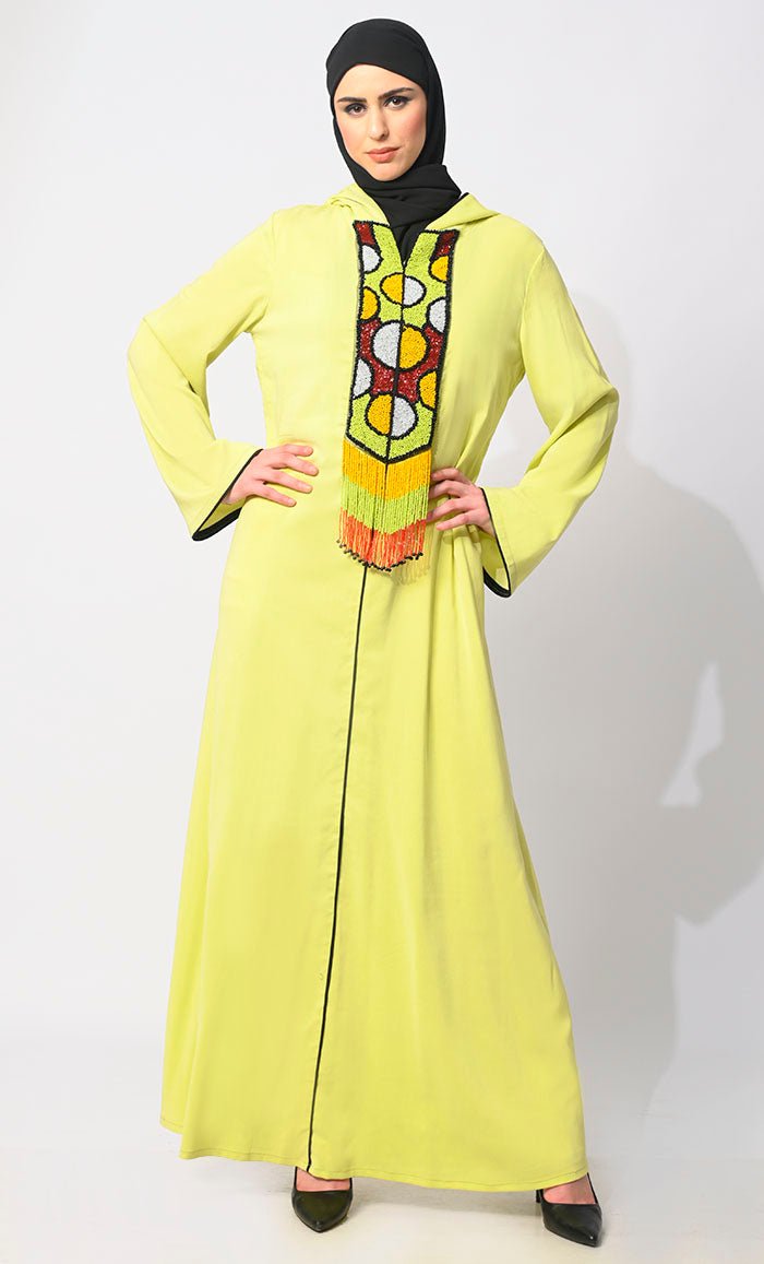 Joyful Jubilance: Colorful Beaded handwork Hooded Abaya with Tassels - EastEssence.com