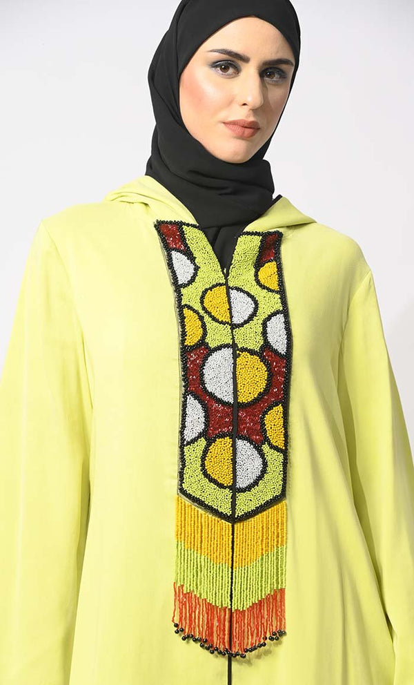 Joyful Jubilance: Colorful Beaded handwork Hooded Abaya with Tassels - EastEssence.com