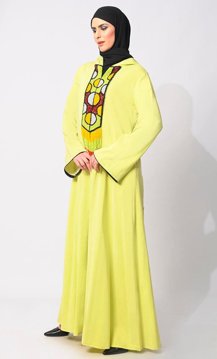 Joyful Jubilance: Colorful Beaded handwork Hooded Abaya with Tassels - EastEssence.com