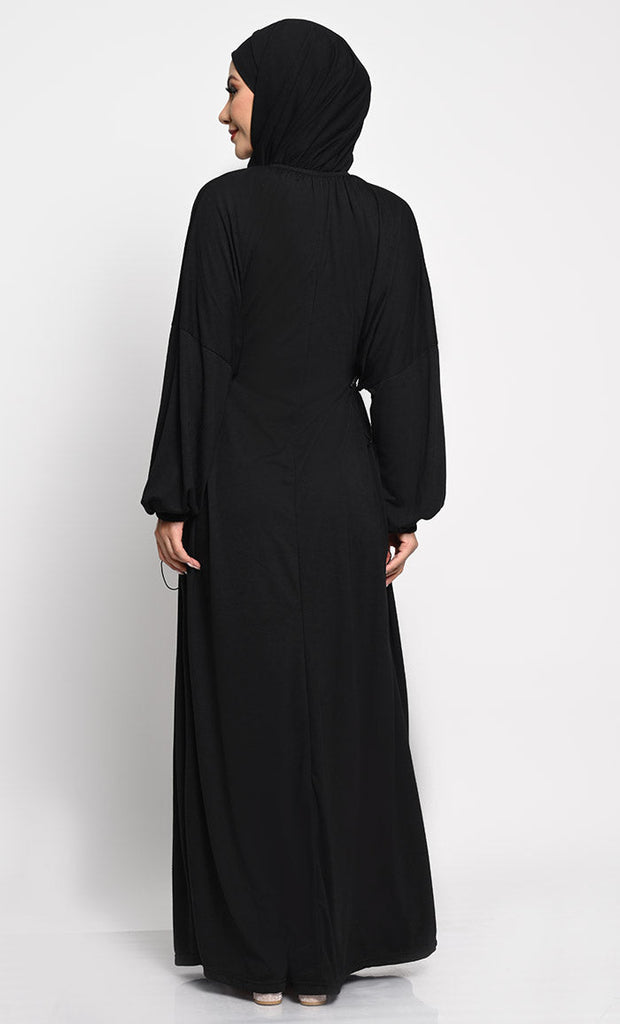 Kashibo A line solid Abaya dress with elastic waist - Black - EastEssence.com