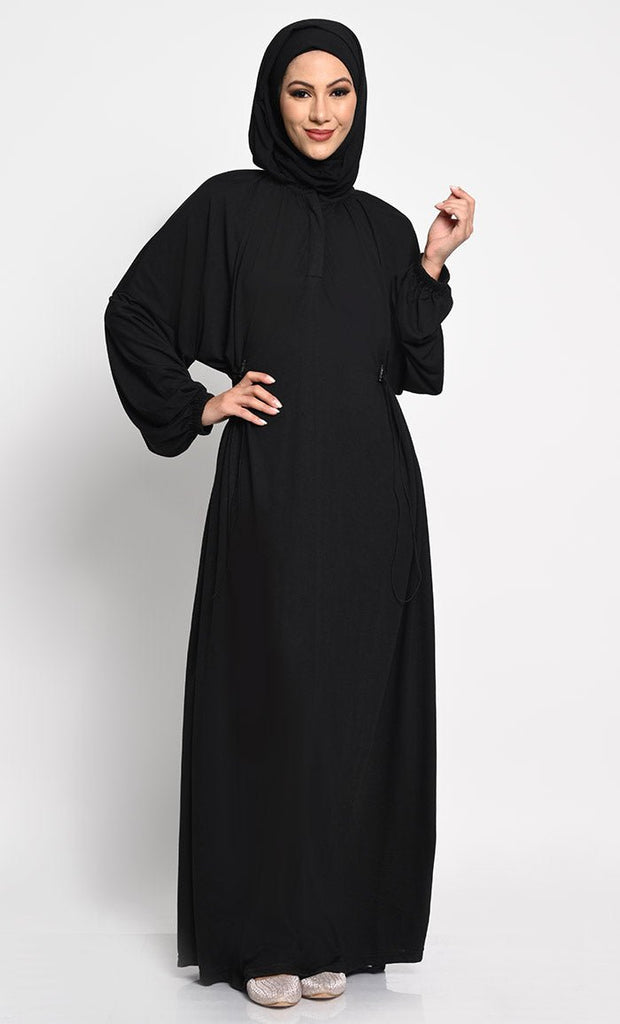 Kashibo A line solid Abaya dress with elastic waist - Black - EastEssence.com