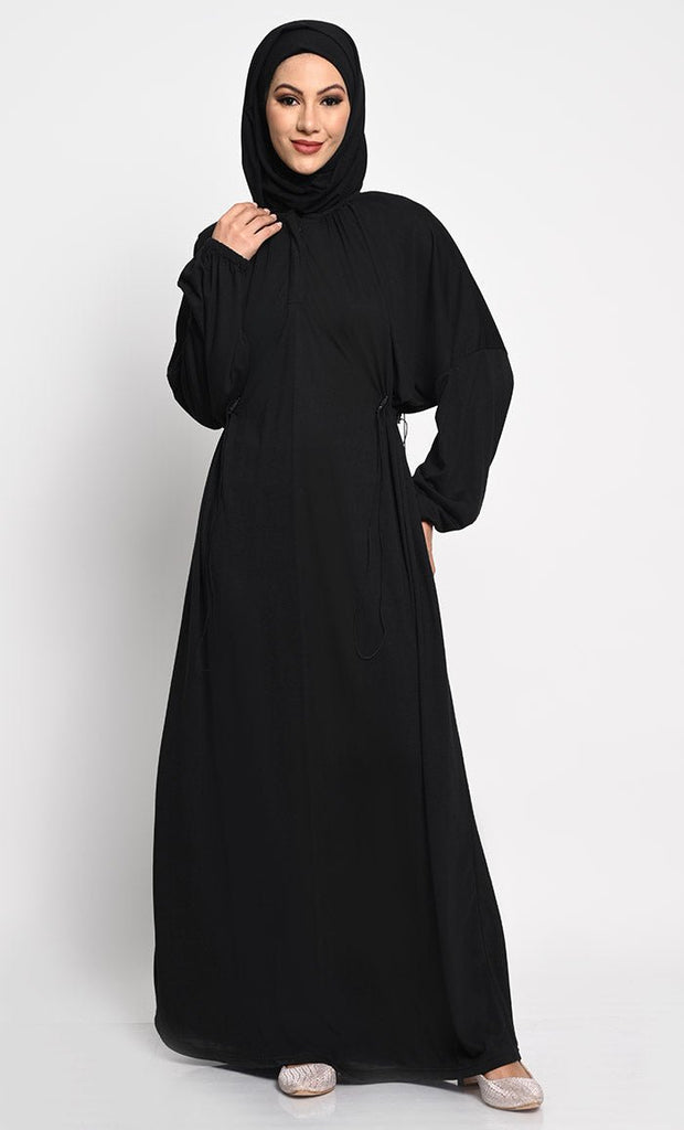 Kashibo A line solid Abaya dress with elastic waist - Black - EastEssence.com