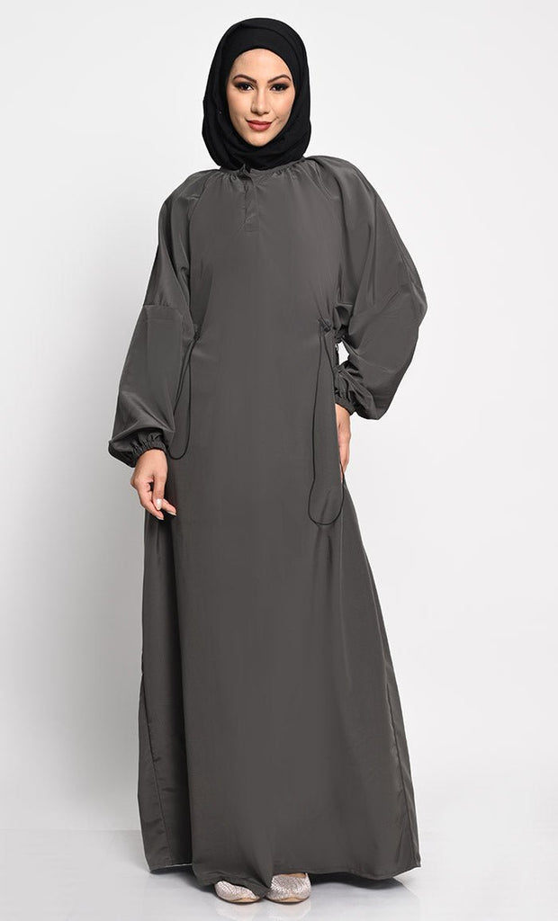 Kashibo A line solid Abaya dress with elastic waist - Grey - EastEssence.com