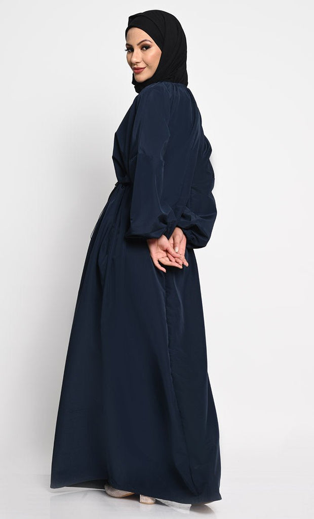 Kashibo A line solid Abaya dress with elastic waist - Navy - EastEssence.com