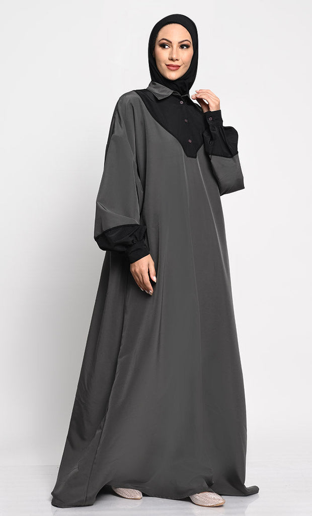 Kashibo Abaya with Batwing Sleeves and Contrast Satin Cuffs - EastEssence.com