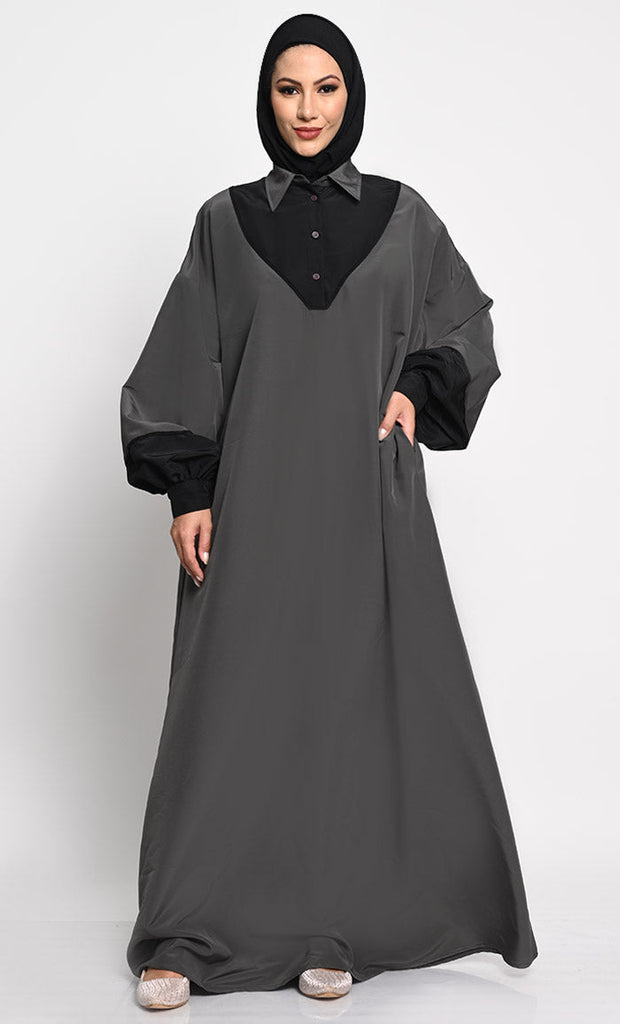 Kashibo Abaya with Batwing Sleeves and Contrast Satin Cuffs - EastEssence.com