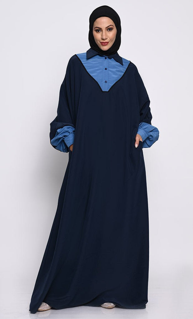 Kashibo Abaya with Batwing Sleeves and Contrast Satin Cuffs - EastEssence.com