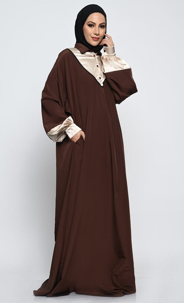 Kashibo Abaya with Batwing Sleeves and Contrast Satin Cuffs - EastEssence.com